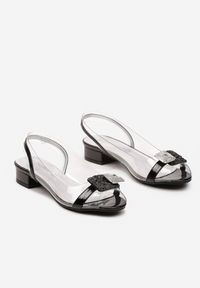 Born2be - Czarne Sandały z Transparentną Cholewką Zdobione Cyrkoniami ze Skórzaną Wkładką Ollattia. Nosek buta: otwarty. Kolor: czarny. Materiał: skóra. Wzór: aplikacja. Sezon: lato. Obcas: na obcasie. Styl: klasyczny. Wysokość obcasa: niski #3