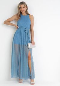 Born2be - Niebieska Koktajlowa Sukienka z Gumką w Talii z Metaliczną Nicią Lilyan. Kolor: niebieski. Wzór: aplikacja. Styl: wizytowy. Długość: maxi #3