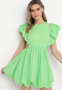 Born2be - Zielona Sukienka Altheia. Kolor: zielony. Materiał: bawełna, tkanina, tiul. Wzór: jednolity, aplikacja. Typ sukienki: bombki. Styl: klasyczny. Długość: mini #6
