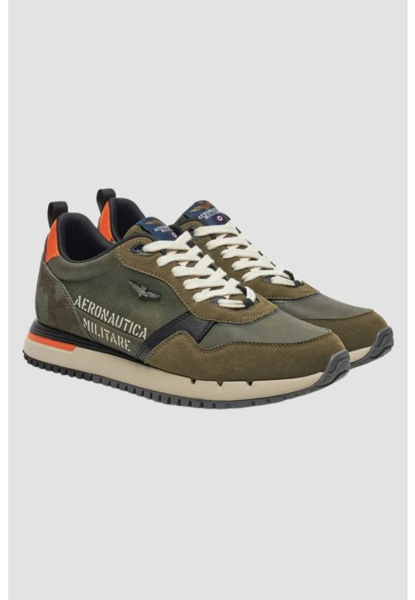 Aeronautica Militare - AERONAUTICA MILITARE Zielone męskie sneakersy Eco-leather AM. Okazja: na co dzień. Kolor: zielony. Materiał: zamsz, skóra. Szerokość cholewki: normalna. Wzór: nadruk