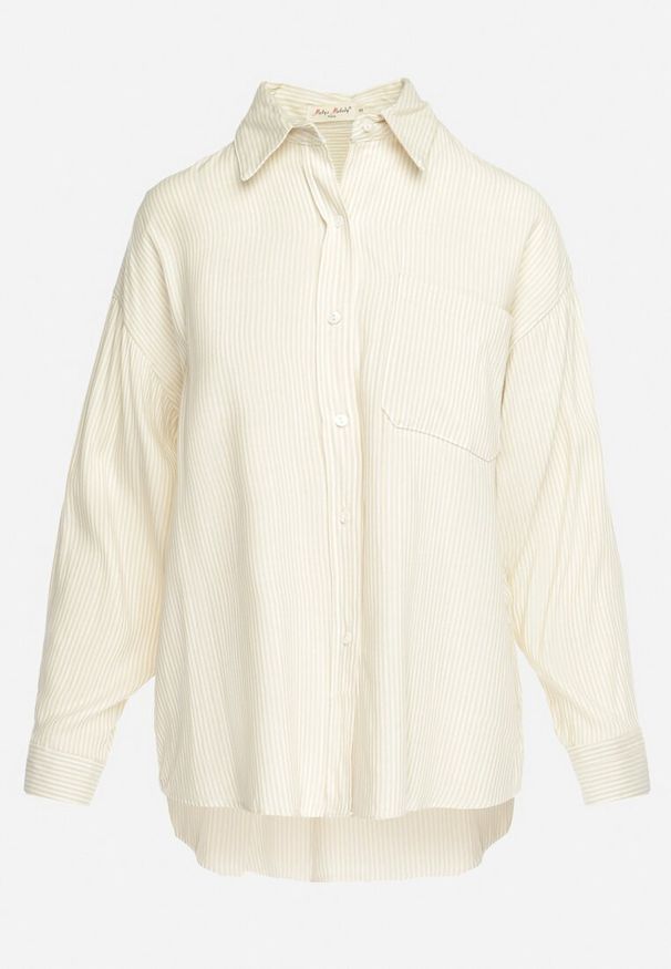 Born2be - Beżowa Bawełniana Koszula Ozdobiona Wzorem w Paseczki Irviana. Okazja: na co dzień. Kolor: beżowy. Materiał: bawełna. Wzór: aplikacja. Styl: casual