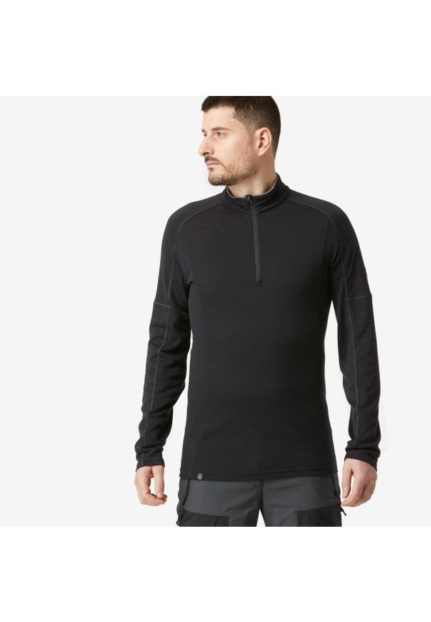 FORCLAZ - Koszulka męska trekkingowa z długim rękawem Simond MT500 merino. Typ kołnierza: kołnierzyk stójkowy. Kolor: czarny. Materiał: wełna, poliamid, materiał. Długość rękawa: długi rękaw. Długość: długie. Sport: turystyka piesza