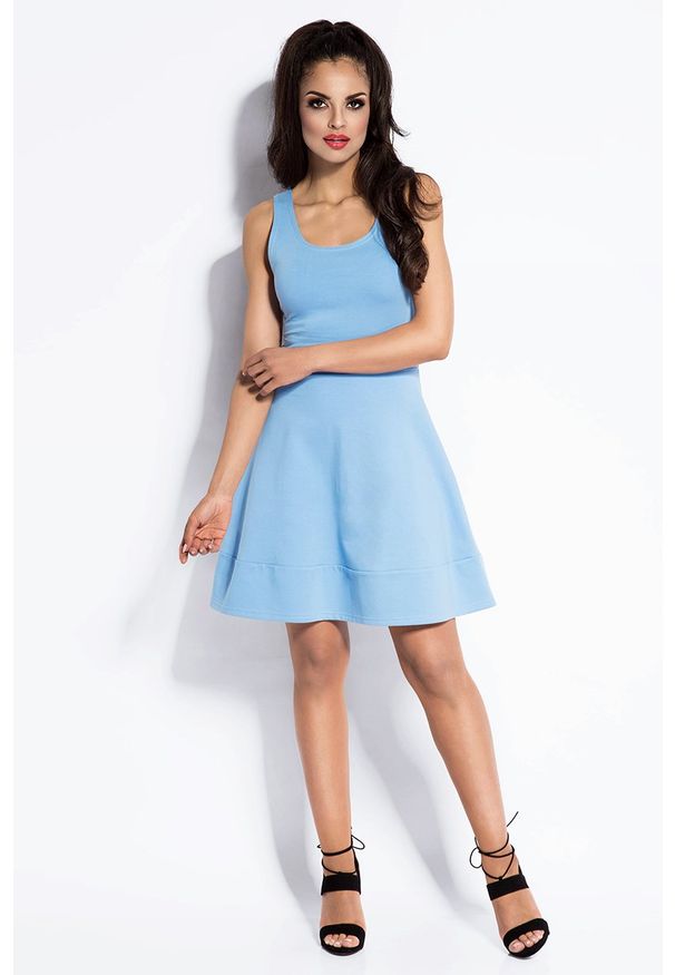 Dursi - Błękitna Sukienka Rozkloszowana Mini z Odkrytymi Plecami. Kolor: niebieski. Materiał: bawełna, elastan. Długość: mini