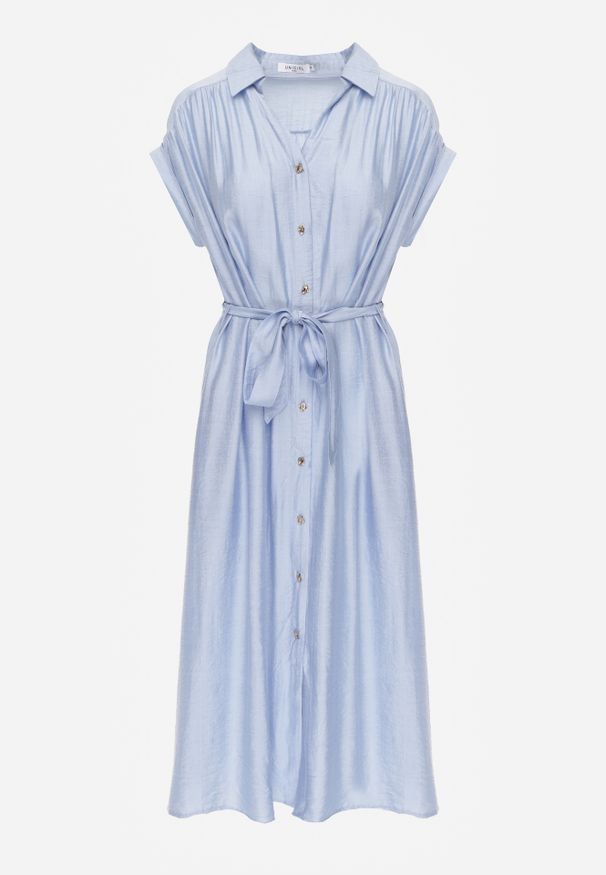 Renee - Niebieska Rozkloszowana Sukienka o Koszulowym Kroju Ozdobiona Paskiem w Talii i Guzikami Rosofia. Okazja: na co dzień. Typ kołnierza: dekolt w kształcie V. Kolor: niebieski. Materiał: skóra. Długość rękawa: krótki rękaw. Wzór: aplikacja. Typ sukienki: koszulowe. Styl: elegancki, sportowy, casual, wizytowy