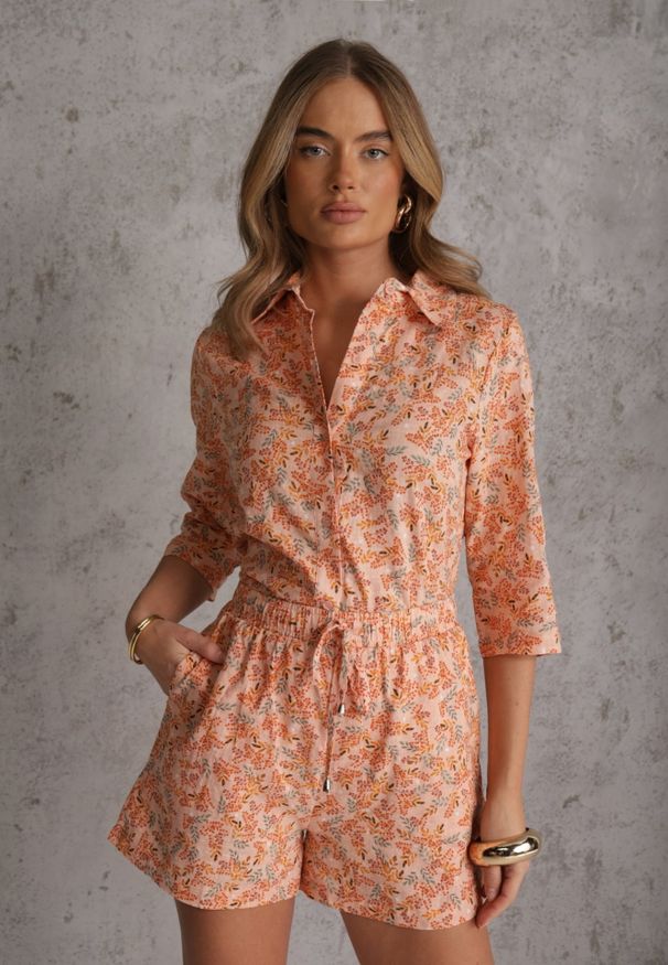 Renee - Pomarańczowy Komplet z Bawełny w Kwiaty Koszula i Krótkie Spodenki Brannaestra. Kolor: pomarańczowy. Materiał: bawełna. Wzór: kwiaty