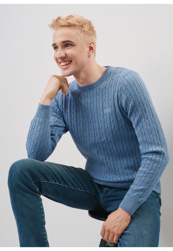 Ochnik - Bawełniany niebieski sweter męski. Kolor: niebieski. Materiał: bawełna. Długość: długie. Wzór: ze splotem