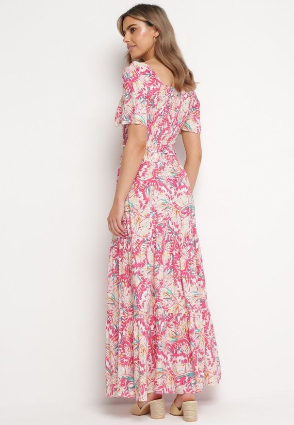 Born2be - Fuksjowy Komplet z Wiskozy Top Hiszpanka i Spódnica Maxi Sarlon. Kolor: różowy. Materiał: wiskoza. Wzór: kwiaty