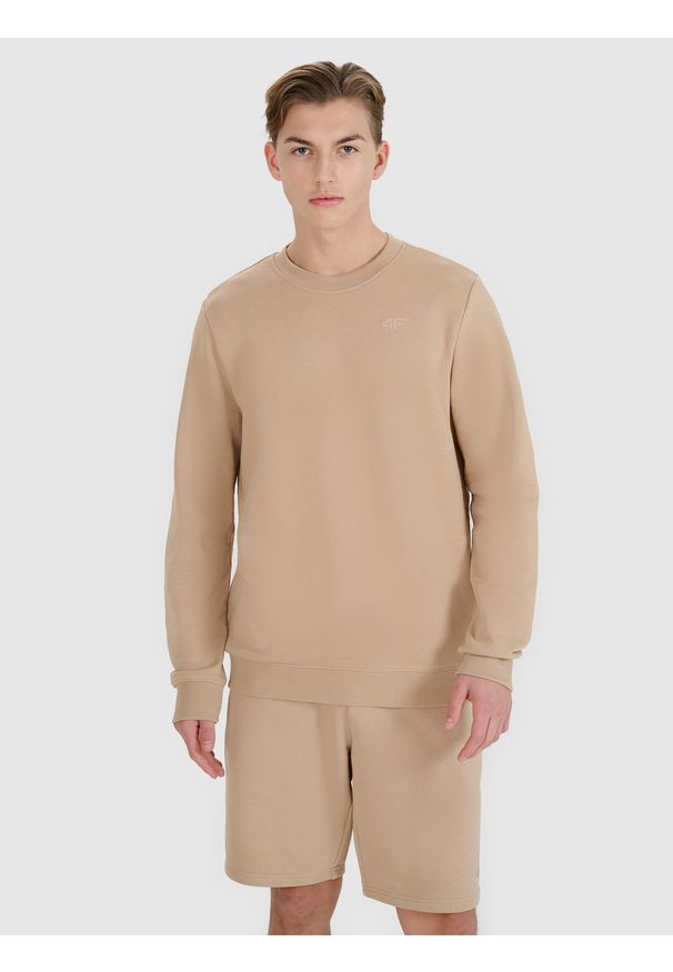 4f - 4F Bluza dresowa nierozpinana bez kaptura męska - beżowa XXL. Okazja: na co dzień. Typ kołnierza: bez kaptura. Kolor: beżowy. Materiał: dresówka. Wzór: gładki, ze splotem. Styl: klasyczny, sportowy, casual