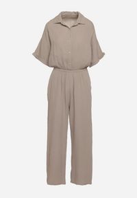 Born2be - Ciemnobeżowy Bawełniany Kombinezon z Koszulową Górą i Prostymi Spodniami Namsore. Kolor: beżowy. Materiał: bawełna. Styl: elegancki, klasyczny #6