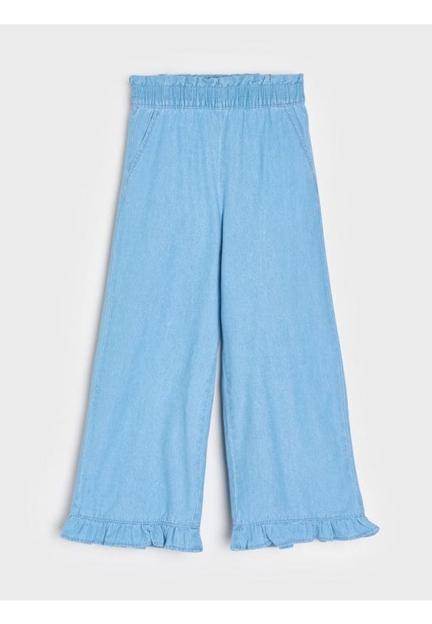 Sinsay - Jeansy wide leg z ozdobnymi falbanami - niebieski. Kolor: niebieski