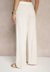 Renee - Beżowe Spodnie z Lnem i Bawełną o Szerokim Kroju High Waist Sallieta. Okazja: na co dzień. Stan: podwyższony. Kolor: beżowy. Materiał: bawełna, len. Styl: casual