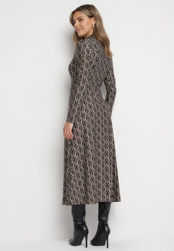 Born2be - Brązowa Sukienka Koszulowa w Mozaikowy Wzór z Wiązanym Paskiem Sailise. Okazja: na co dzień. Kolor: brązowy. Materiał: skóra. Typ sukienki: koszulowe. Styl: casual, elegancki