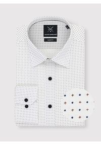 Pako Lorente - PAKO LORENTE – Biała koszula w granatowo-beżowy mikrowzór. Kolor: beżowy, biały, niebieski, wielokolorowy. Materiał: bawełna, elastan #1