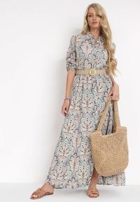 Born2be - Miętowo-Różowa Sukienka z Guzikami i Plecionym Paskiem z Klamrą Aralty. Kolor: miętowy. Długość rękawa: długi rękaw. Sezon: wiosna, lato. Typ sukienki: koszulowe #1