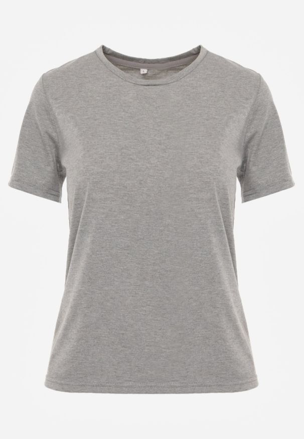 Renee - Ciemnoszary T-shirt Koszulka z Krótkim Rękawem i Okrągłym Dekoltem Tiarella. Kolor: szary. Materiał: jeans. Długość rękawa: krótki rękaw. Długość: krótkie. Wzór: aplikacja. Styl: elegancki, klasyczny