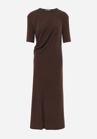 Renee - Brązowa Marszczona Sukienka z Bawełny o T-shirtowym Kroju z Poduszkami Pelasea. Okazja: na co dzień. Kolor: brązowy. Materiał: bawełna. Typ sukienki: proste, oversize. Styl: casual #7