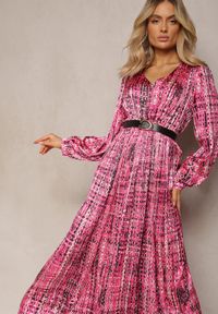 Renee - Fuksjowa Plisowana Sukienka Maxi Ozdobiona Wzorem w Tweedowym Stylu Juvioa. Kolor: różowy. Materiał: tkanina. Wzór: aplikacja. Długość: maxi #3