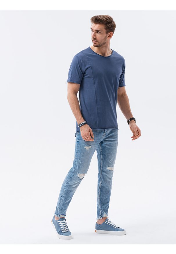 Ombre Clothing - T-shirt męski bawełniany S1378 - granatowy - XXL. Kolor: niebieski. Materiał: bawełna