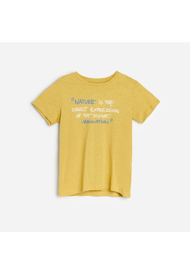 Reserved - Bawełniany t-shirt z napisem - Beżowy. Kolor: beżowy. Materiał: bawełna. Wzór: napisy