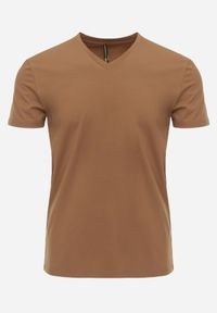 Born2be - Brązowa Koszulka T-shirt z Bawełny z Dekoltem w Serek Rionisse. Okazja: do pracy, do domu. Typ kołnierza: dekolt w serek. Kolor: brązowy. Materiał: bawełna. Styl: elegancki, klasyczny #8