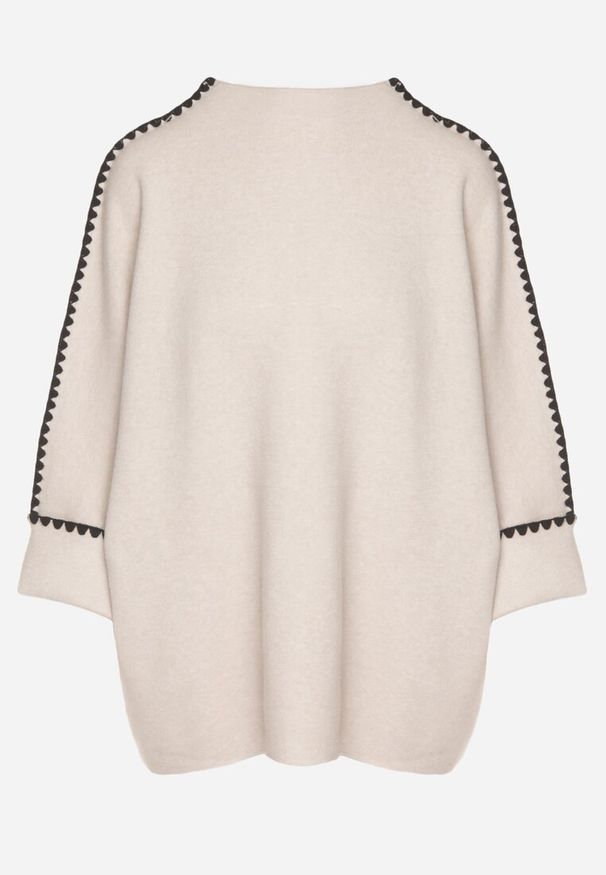 Born2be - Beżowy Sweter z Kontrastową Lamówką Tuselle. Okazja: do pracy, na spotkanie biznesowe. Kolor: beżowy. Materiał: jeans. Styl: biznesowy