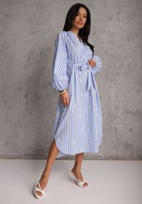 Renee - Niebieska Bawełniana Sukienka o Pudełkowym Kroju z Haftem i Wiązanym Paskiem Guineney. Okazja: na co dzień. Kolor: niebieski. Materiał: bawełna. Wzór: haft. Typ sukienki: proste. Styl: casual, klasyczny #4