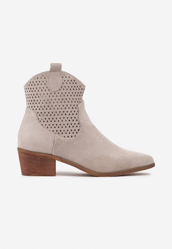 Born2be - Jasnobeżowe Ażurowe Botki Vices w Stylu Kowbojek na Obcasie Norfedi. Okazja: na co dzień. Nosek buta: szpiczasty. Kolor: beżowy. Materiał: jeans. Wzór: ażurowy. Obcas: na obcasie. Styl: casual, boho. Wysokość obcasa: średni
