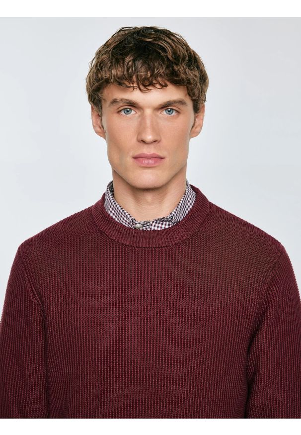 Big-Star - Sweter męski bawełniany bordowy Carlo 604. Okazja: na co dzień. Kolor: czerwony. Materiał: bawełna. Wzór: ze splotem. Styl: casual, klasyczny