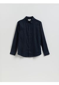 Reserved - Lniana koszula slim fit - granatowy. Kolor: niebieski. Materiał: len