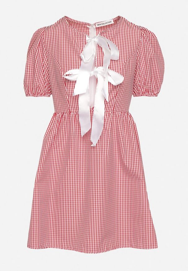 Born2be - Czerwona Rozkloszowana Sukienka w Kratkę Vichy w Stylu Retro z Wiązaniem Telionea. Okazja: na co dzień. Kolor: czerwony. Wzór: kratka. Typ sukienki: rozkloszowane. Styl: retro