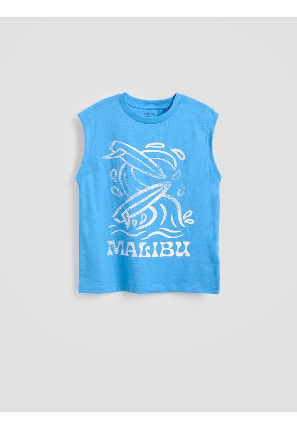 Reserved - Bawełniany t-shirt bez rękawów - niebieski. Kolor: niebieski. Materiał: bawełna. Długość rękawa: bez rękawów