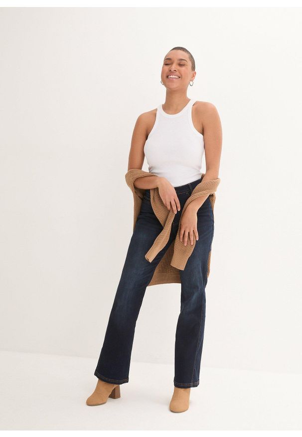 bonprix - Dżinsy o kroju bootcut, high waist, z wygodnym paskiem. Stan: podwyższony. Kolor: niebieski