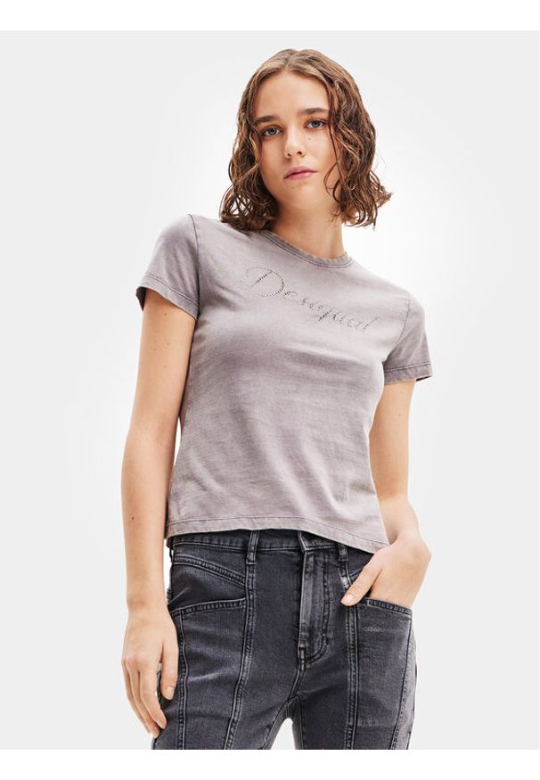 Desigual T-Shirt 23WWTKBB Szary Slim Fit. Kolor: szary. Materiał: bawełna