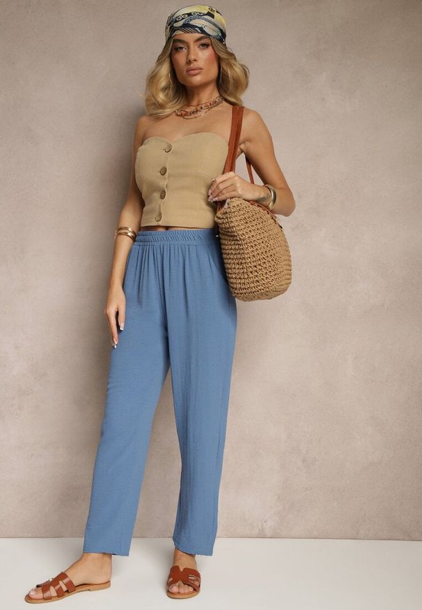 Renee - Niebieskie Spodnie z Bawełną o Szerokim Kroju High Waist Fanelithia. Okazja: na co dzień. Stan: podwyższony. Kolor: niebieski. Materiał: bawełna. Styl: casual