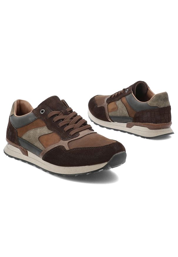Sneakersy męskie Rieker, skórzane na płaskiej podeszwie sznurowane codzienne i sportowe, brązowe, U0313-25. Okazja: na co dzień. Kolor: brązowy. Materiał: skóra. Obcas: na płaskiej podeszwie. Sport: turystyka piesza