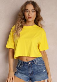 Renee - Żółty T-shirt o Fasonie Cropped Oversize Brighta. Kolor: żółty. Materiał: jeans #5