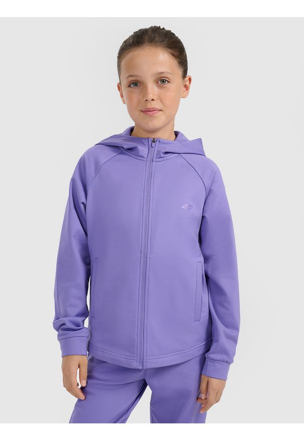 4f - 4F Bluza sportowa rozpinana z kapturem dziewczęca - fioletowa 158/164 (12-14 lat). Okazja: na co dzień. Typ kołnierza: kaptur. Kolor: fioletowy. Materiał: dzianina, skóra. Sezon: lato. Styl: sportowy