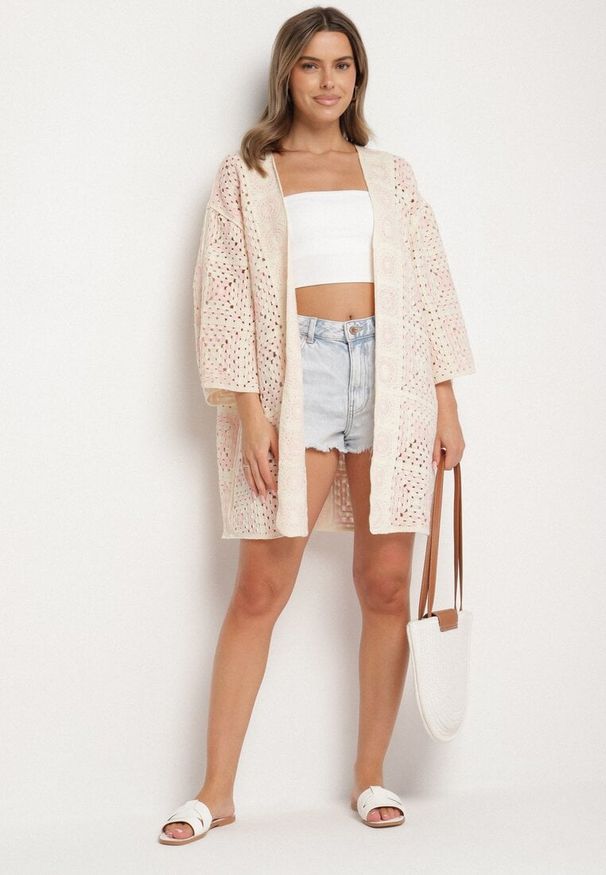 Born2be - Różowo-Beżowy Bawełniany Kardigan z Ażurowym Wzorem Meliorra. Okazja: na spacer. Kolor: różowy. Materiał: bawełna. Wzór: ażurowy. Styl: elegancki