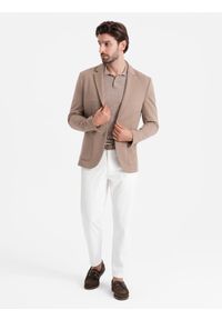 Ombre Clothing - Męska marynarka z naszywanymi kieszeniami - ciemnobeżowa V3 - Rozmiar: S. Kolor: beżowy. Materiał: wiskoza, elastan, poliester, materiał. Styl: elegancki