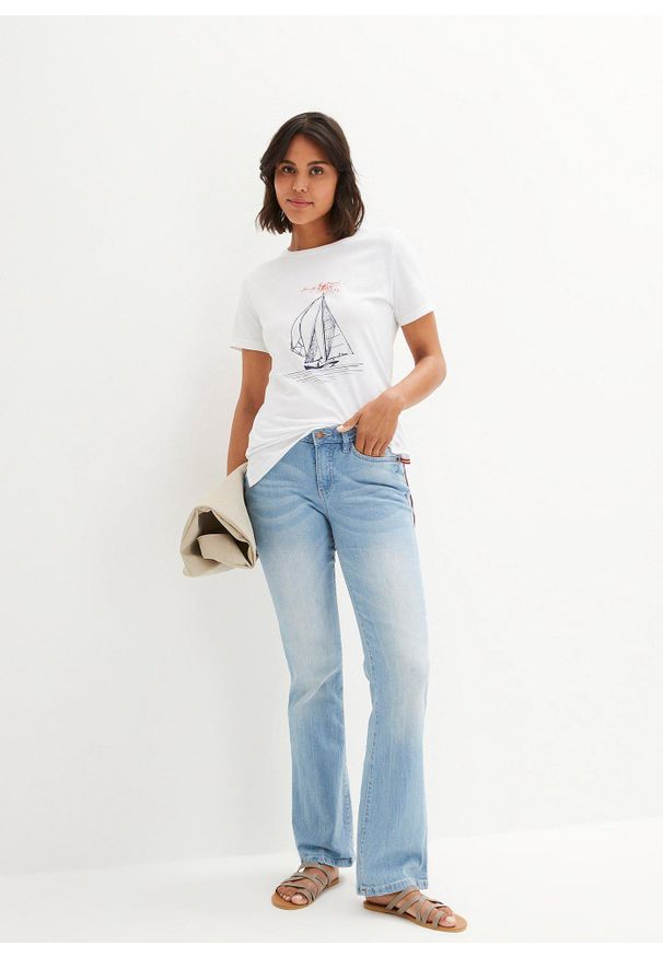 bonprix - T-shirt bawełniany z rozcięciem z boku i nadrukiem. Kolor: biały. Materiał: bawełna. Długość: długie. Wzór: nadruk