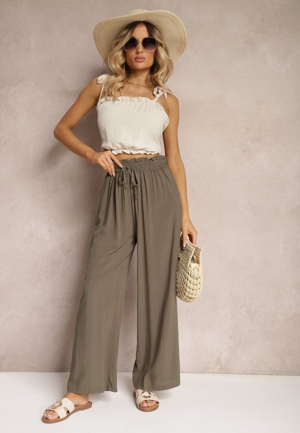 Renee - Ciemnozielone Spodnie z Bawełny High Waist z Szerokimi Nogawkami i Gumką w Pasie Clisea. Stan: podwyższony. Kolor: zielony. Materiał: bawełna. Sezon: lato