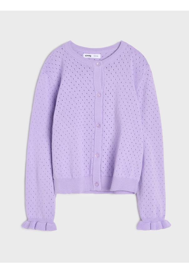 Sinsay - Ażurowy kardigan z ozdobnymi falbanami - fioletowy. Kolor: fioletowy. Wzór: ażurowy