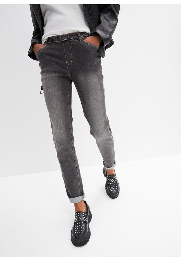 bonprix - Dżinsy Skinny mid waist, z wygodnym paskiem. Kolor: czarny