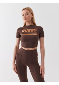 Guess T-Shirt Aggie V3YP00 MC04N Brązowy Slim Fit. Kolor: brązowy. Materiał: syntetyk