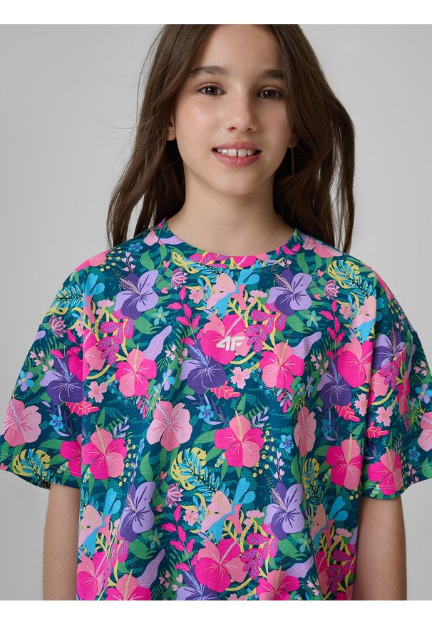 4f - 4F T-shirt boxy z nadrukiem dziewczęcy - multikolor 134/140 (8-10 lat). Okazja: na co dzień. Kolor: wielokolorowy. Materiał: materiał, bawełna, dzianina. Długość: krótkie. Wzór: nadruk. Sezon: lato. Styl: casual