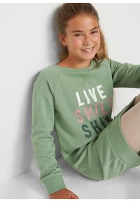 bonprix - Sukienka dresowa z czystej bawełny organicznej. Kolor: zielony. Materiał: dresówka, bawełna. Wzór: napisy