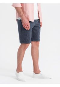 Ombre Clothing - Męskie krótkie spodenki na gumce ze strukturalnej dzianiny – granatowe V1. Okazja: na co dzień. Kolor: niebieski. Materiał: dzianina. Długość: krótkie. Styl: klasyczny, casual #4