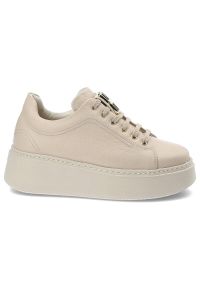 Beżowe Sneakersy Karino Modne Półbuty Damskie. Okazja: na co dzień. Kolor: beżowy. Materiał: skóra. Wzór: gładki. Obcas: na platformie. Sport: turystyka piesza #4