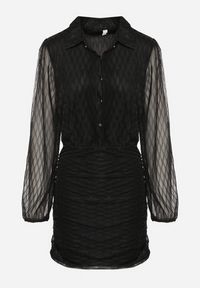 Born2be - Czarna Sukienka z Przezroczystą Koszulową Górą Dopasowanym Dołem i Metaliczną Nicią Sassini. Okazja: na randkę. Kolor: czarny. Typ sukienki: koszulowe. Styl: klasyczny, elegancki #7