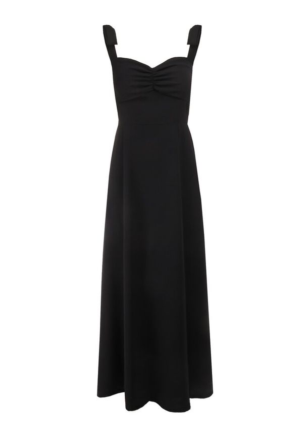 Born2be - Czarna Rozkloszowana Sukienka na Wiązanych Ramiączkach z Rozcięciem Kalora. Kolor: czarny. Materiał: tkanina. Długość rękawa: na ramiączkach. Wzór: gładki. Długość: maxi